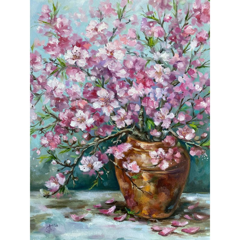 Sakura oil original painting on stretched canvas flowers painting - 壁貼/牆壁裝飾 - 其他材質 