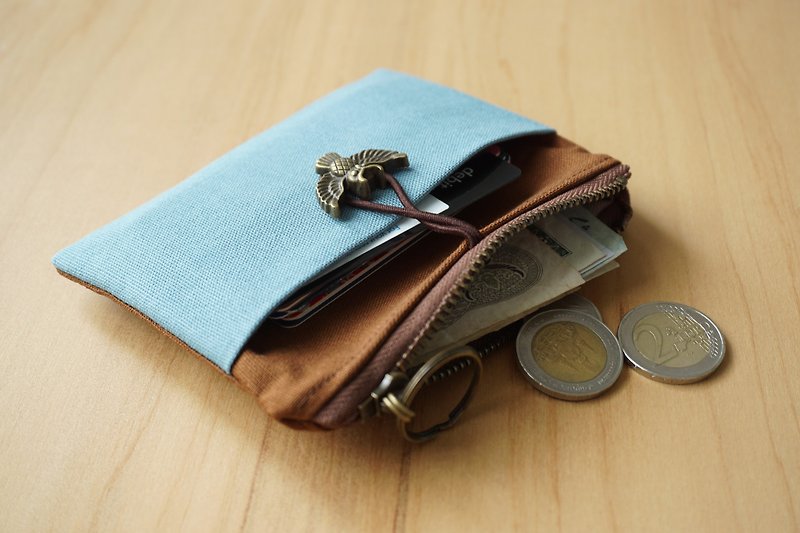 男 女 禮物 - 錢包 – 焦糖色 vs. 藍色 - 交換 - 散紙包 - 棉．麻 藍色