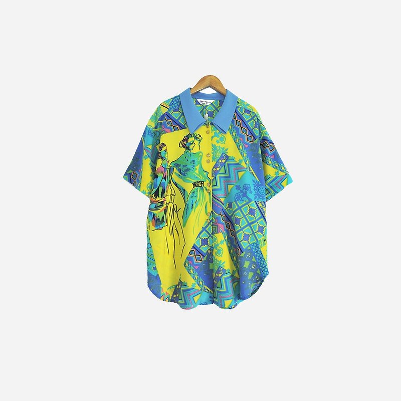 Discolored Vintage / Modern Illustration Short Sleeve Shirt no.679 vintage - Women's Shirts - Other Materials Yellow