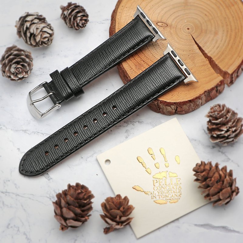 【APPLE WATCH compatible】Black Italian Saffiano leather strap - สายนาฬิกา - หนังแท้ สีดำ
