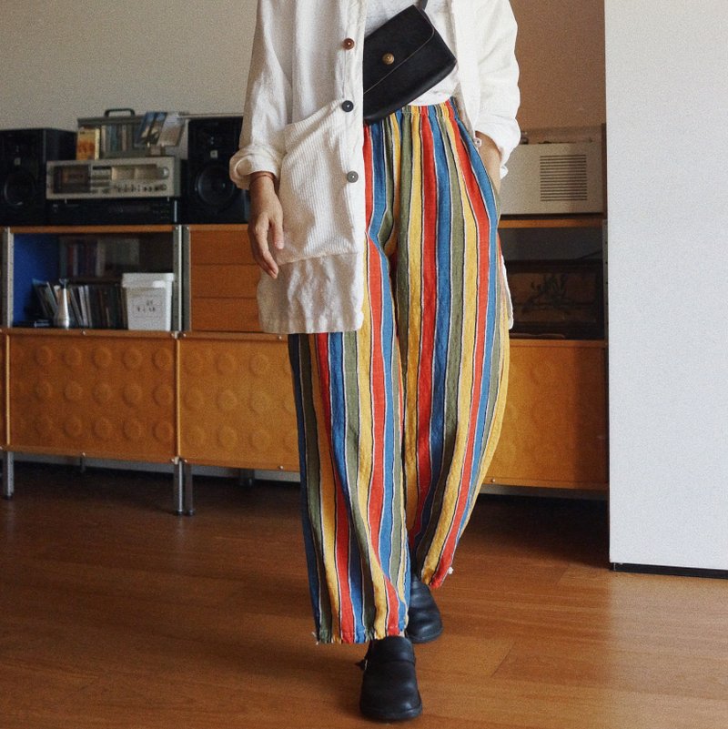 Colored stripes unisex drawstring pants straight pants red, yellow, blue and green classic bright stripes Linen - กางเกงขายาว - ผ้าฝ้าย/ผ้าลินิน หลากหลายสี