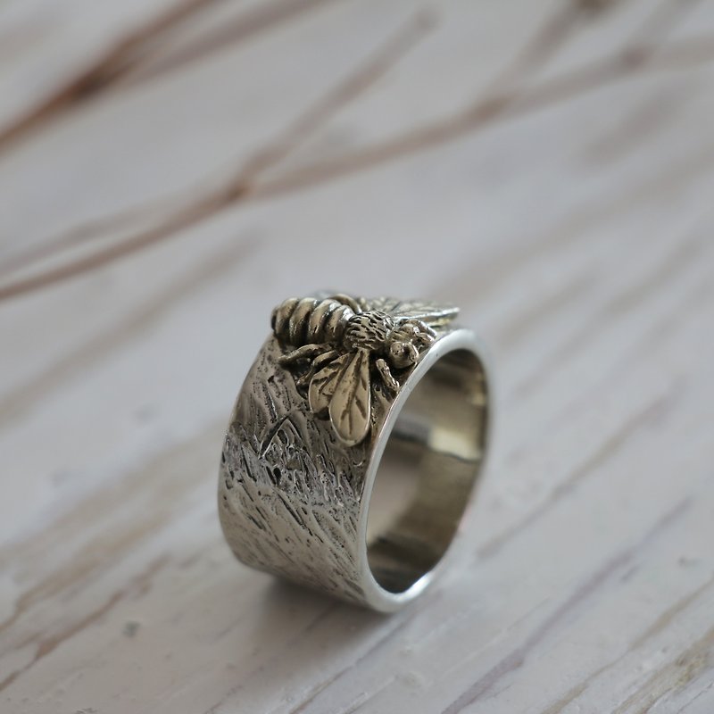 蜜蜂戒指纯银黄铜可调波西米亚风锤 - 戒指 - 其他金屬 銀色