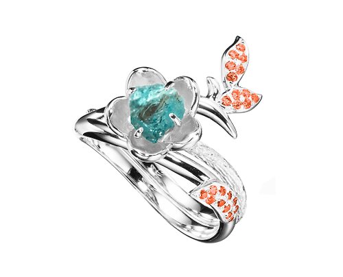 Majade Jewelry Design 海藍寶14k橘橙寶石梅花求婚戒指套裝 獨特植物原石訂婚戒指組合
