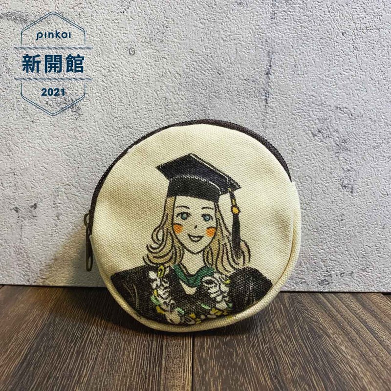 Customized hand-painted canvas round coin purse looks like painted portrait painting gift couple - กระเป๋าใส่เหรียญ - ผ้าฝ้าย/ผ้าลินิน ขาว