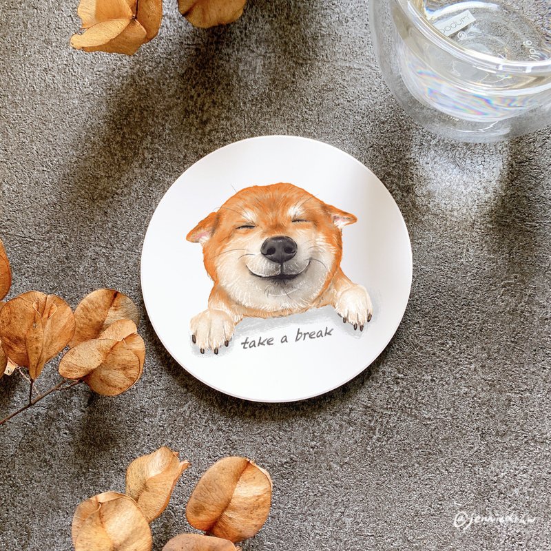 [Ceramic coasters] A set of 2 can be added with a name ceramic water-absorbing material custom pet painting Shiba Inu - Coasters - Pottery Khaki