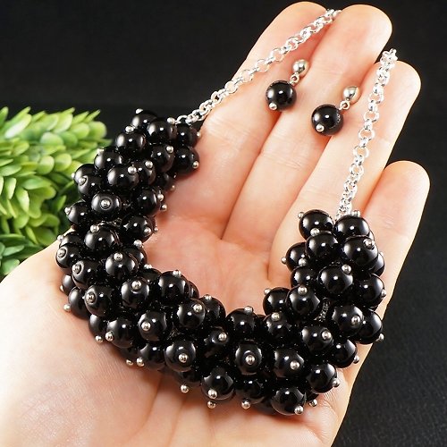 AGATIX Black Glass Necklace and Earrings Jewelry Set Blackberry Chunky Beaded Necklace