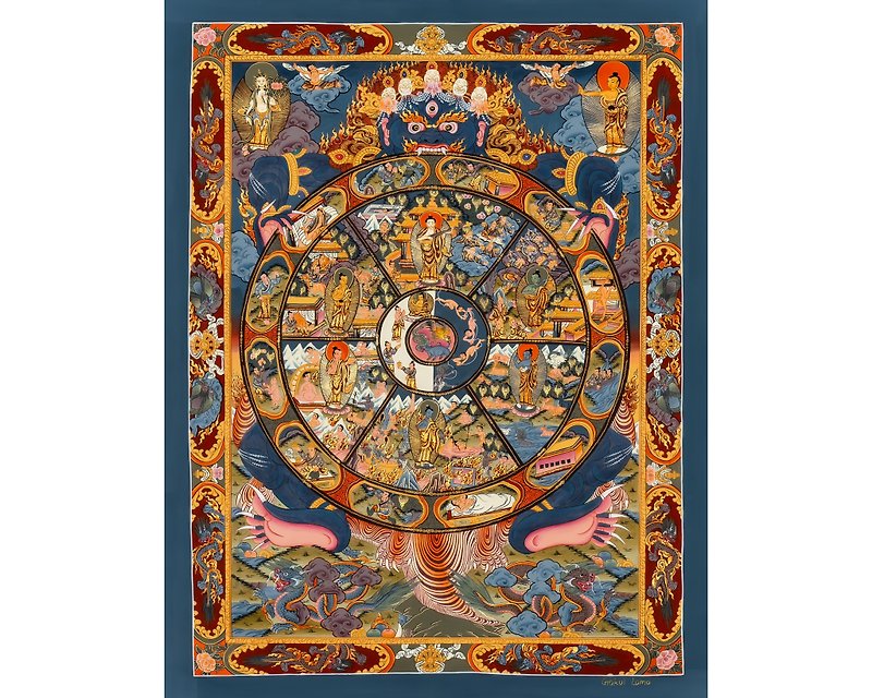 Eternal Cycle Thangka Depiction of the Tibetan Wheel of Samsara - Wall Décor - Other Metals Multicolor