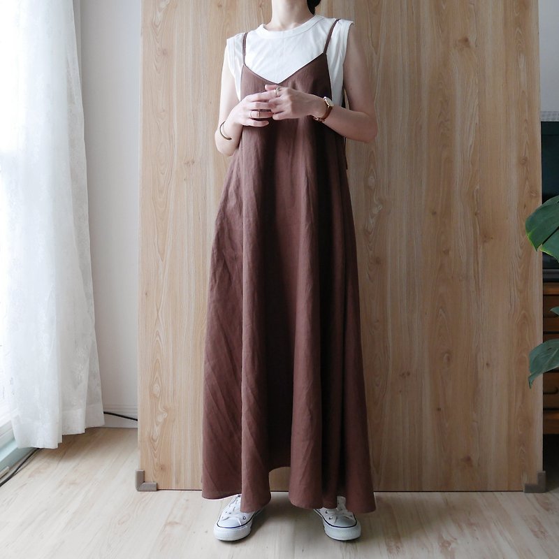 Linen spaghetti shoulder straps with umbrella-shaped long dress with adjustable shoulder straps - please read the description first when ordering - - One Piece Dresses - Cotton & Hemp Brown