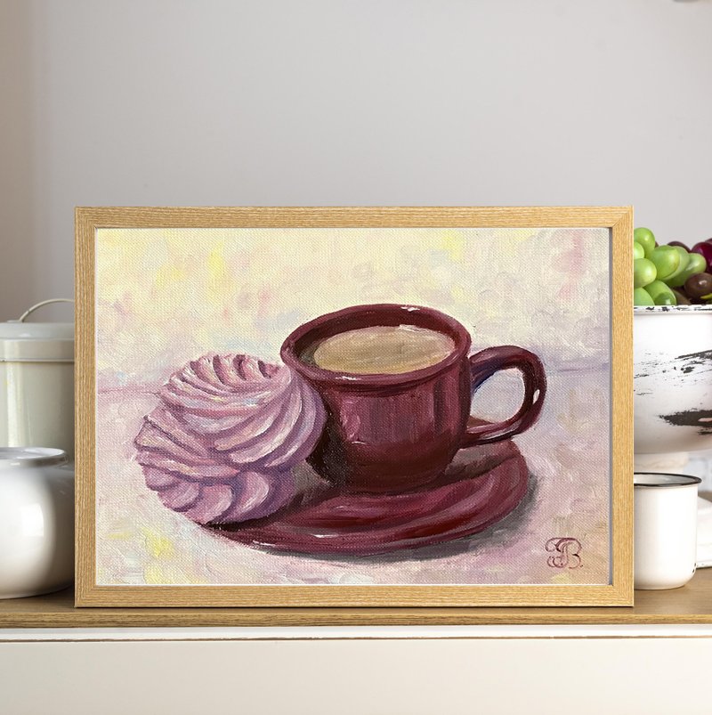 Original Small Oil Painting of Marshmellow and Coffee, Still Life 15 x 20 cm - 壁貼/牆壁裝飾 - 紙 粉紅色