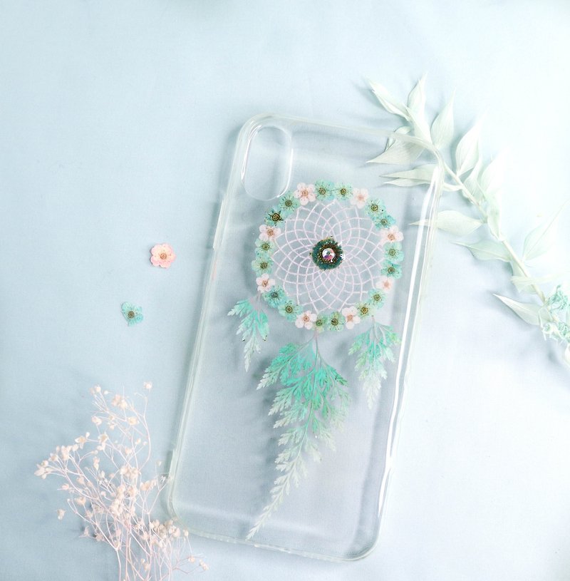 Pressed Flower Dreamcatcher Phone Case | Mint Green & Pink - Phone Cases - Plants & Flowers Green