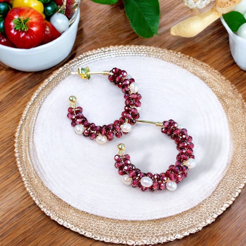 Garnet Pearl Hoop Earrings | 14K Gold Filled | 925 Silver | Gemstone | Pearl - ต่างหู - เครื่องเพชรพลอย สีแดง