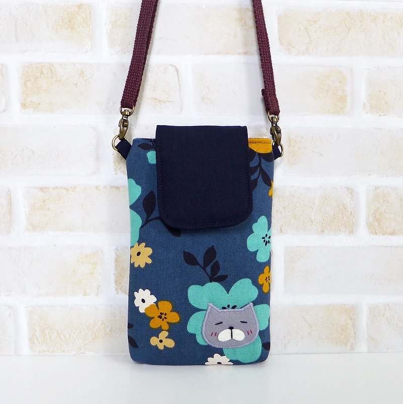 丫喵Mobile phone bag - dark blue color extension flower (with strap) - Phone Cases - Cotton & Hemp 