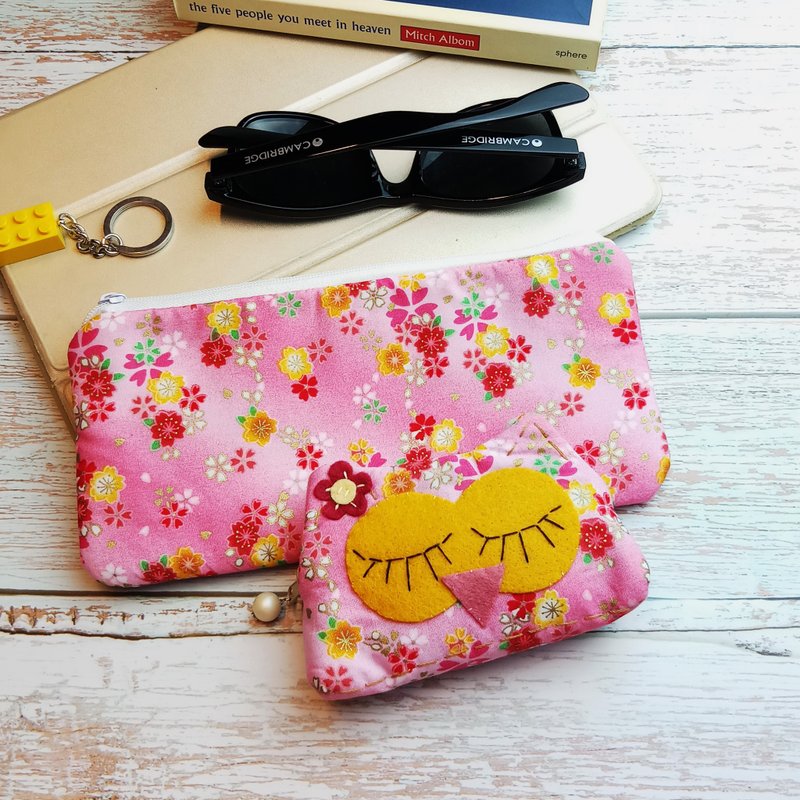 拉鍊包 零錢包 化妝袋 筆袋 收納包兩件套 (PS-040) - 化妝包/收納袋 - 棉．麻 粉紅色