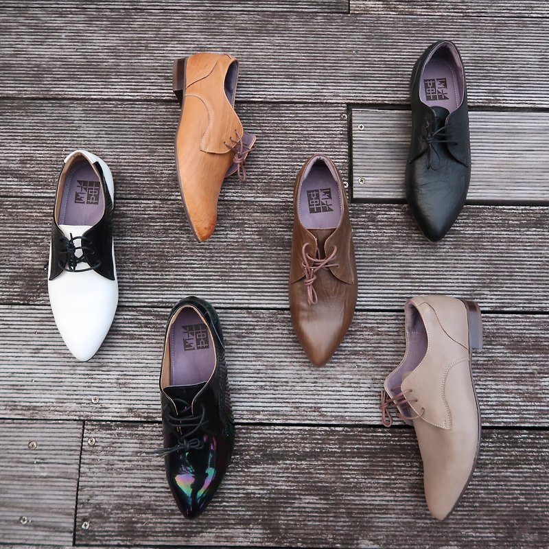[Sunshine Lovers] Made in Taiwan MIT leather small wooden heel flat-bottomed pointed three-eye Derby shoes cowhide sheepskin - รองเท้าหนังผู้หญิง - หนังแท้ สีนำ้ตาล