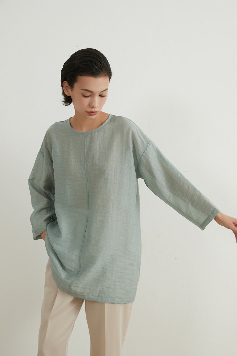 Sheer linen blend 3/4 sleeve top 2WAY double face - เสื้อผู้หญิง - ผ้าฝ้าย/ผ้าลินิน สีน้ำเงิน