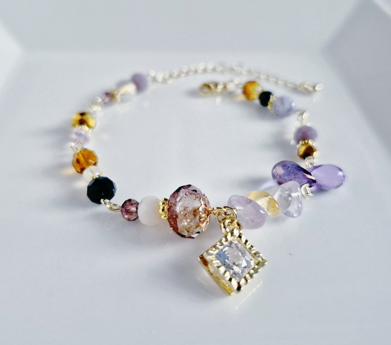 A bracelet with a sparkling zirconia-style charm, lampwork beads, and Czech beads in autumn colors. Purple Amethyst, stylish, birthday gift, adjustable size. - Bracelets - Glass Purple