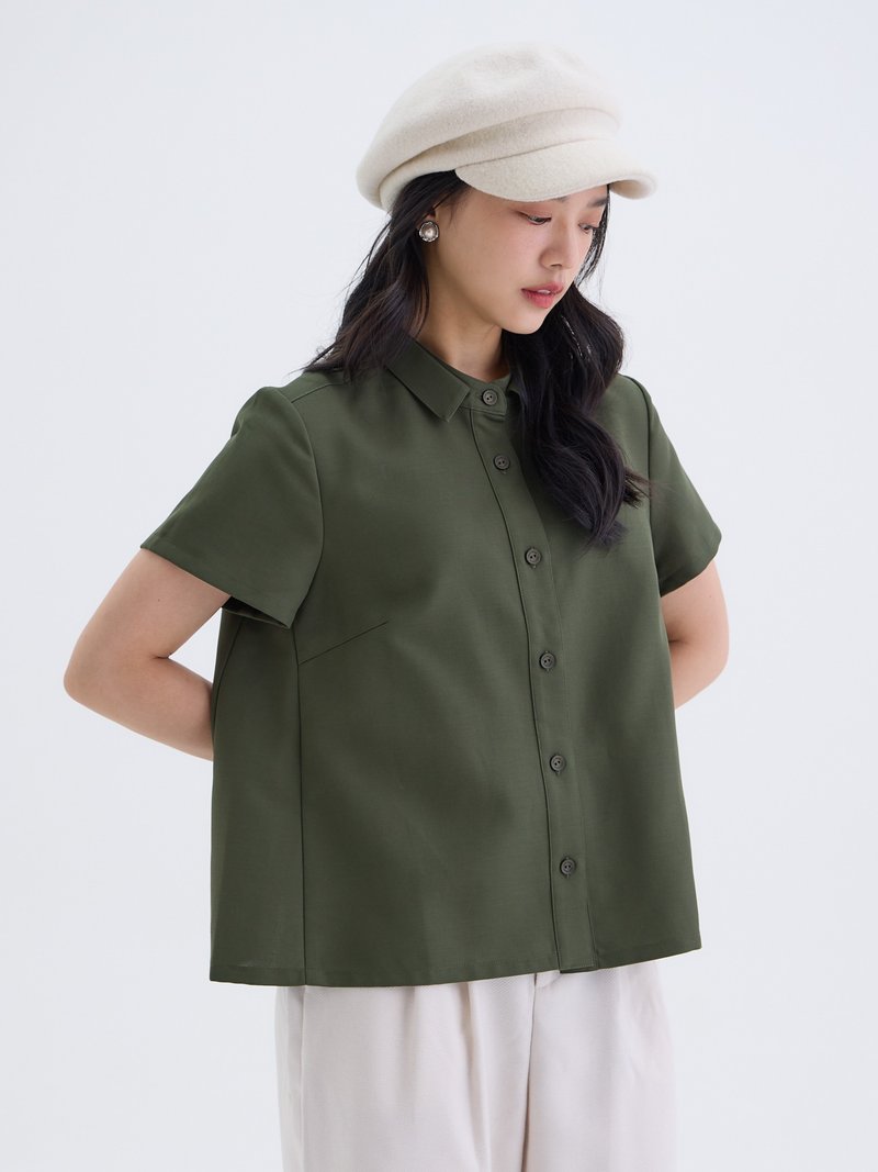 簡雅開襟短袖襯衫-軍綠 - 女襯衫 - 棉．麻 綠色