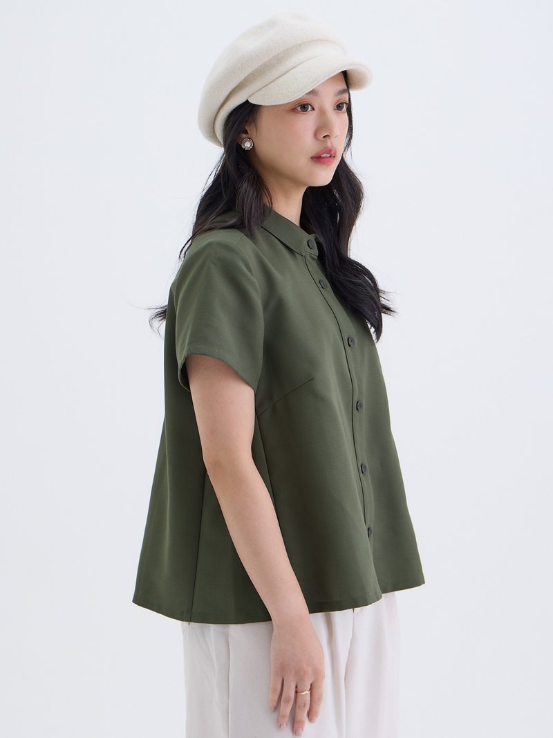 シンプルオープンカラー半袖シャツ - ミリタリーグリーン - シャツ・ブラウス - コットン・麻 グリーン