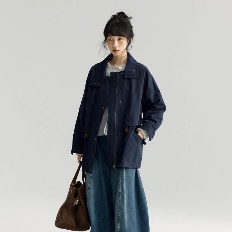 藏青色派克風衣|外套|秋款|Sora-1895 - 女大衣/外套 - 棉．麻 