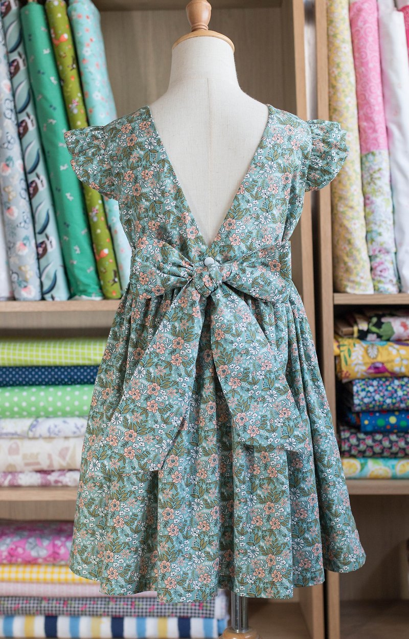 簡衣櫥 | 夏裝 | V露背綠色小碎花洋裝 - 童裝裙 - 棉．麻 綠色
