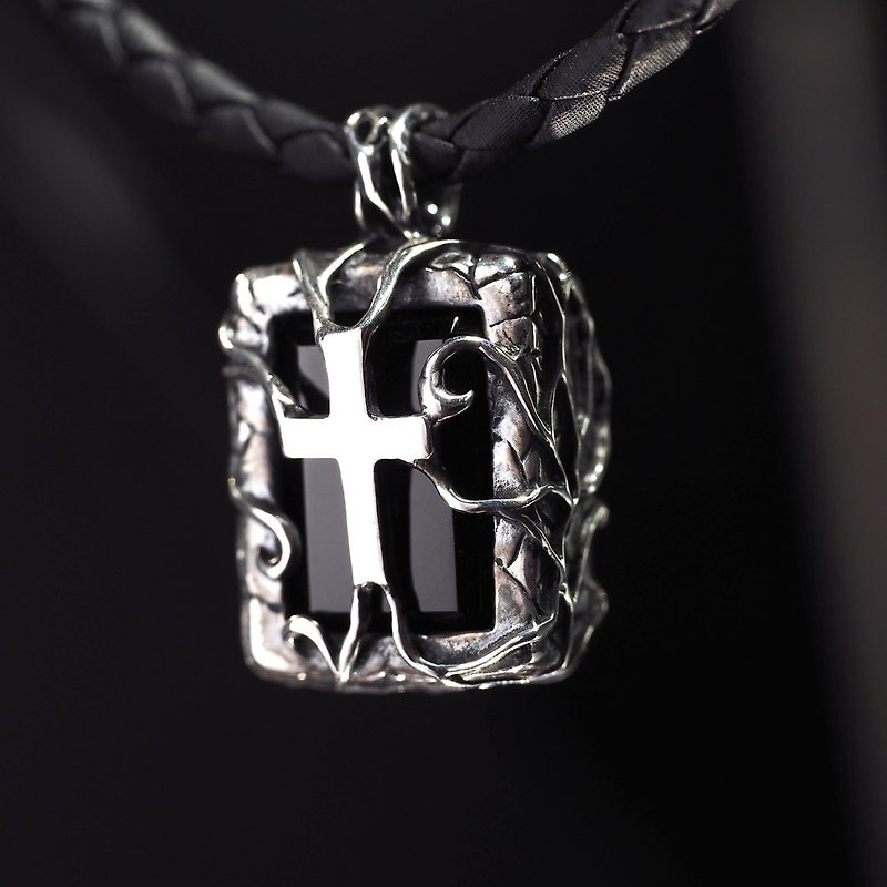 Vine Stone Tablet Black Agate Cross Goethe Necklace Pendant 925 Sterling Silver - สร้อยคอ - เงินแท้ สีเงิน