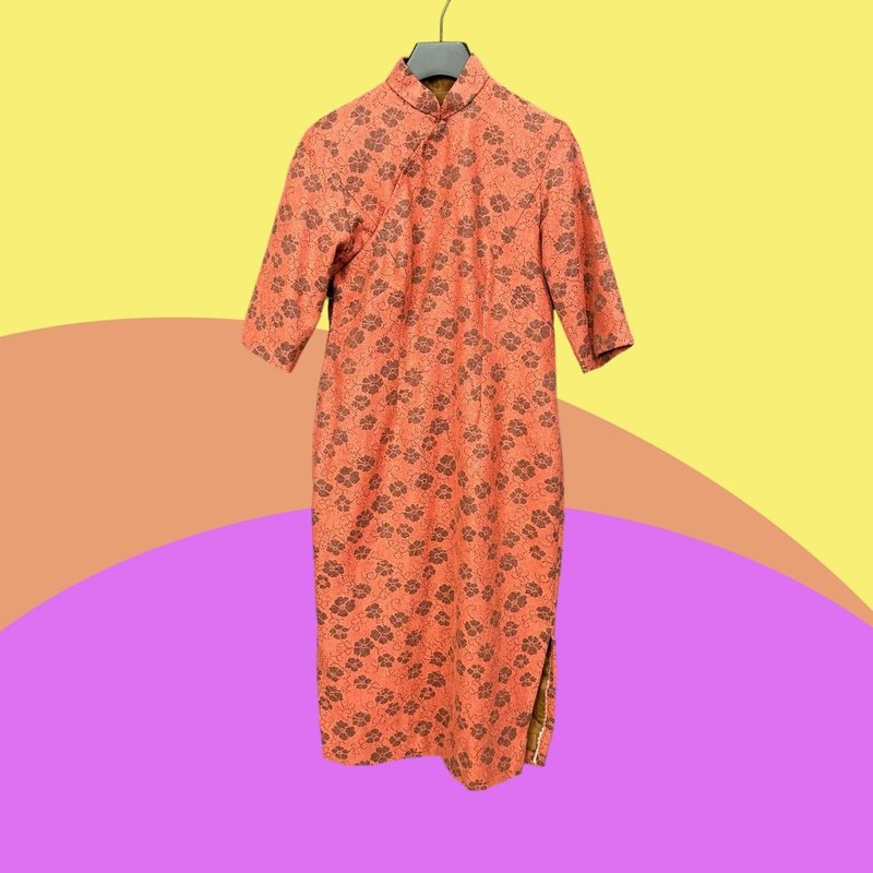 Pre-owned Vintage Custom Orange-Pink Woven Wool Slit Short-Sleeve Cheongsam CA410 - ชุดเดรส - เส้นใยสังเคราะห์ สีส้ม