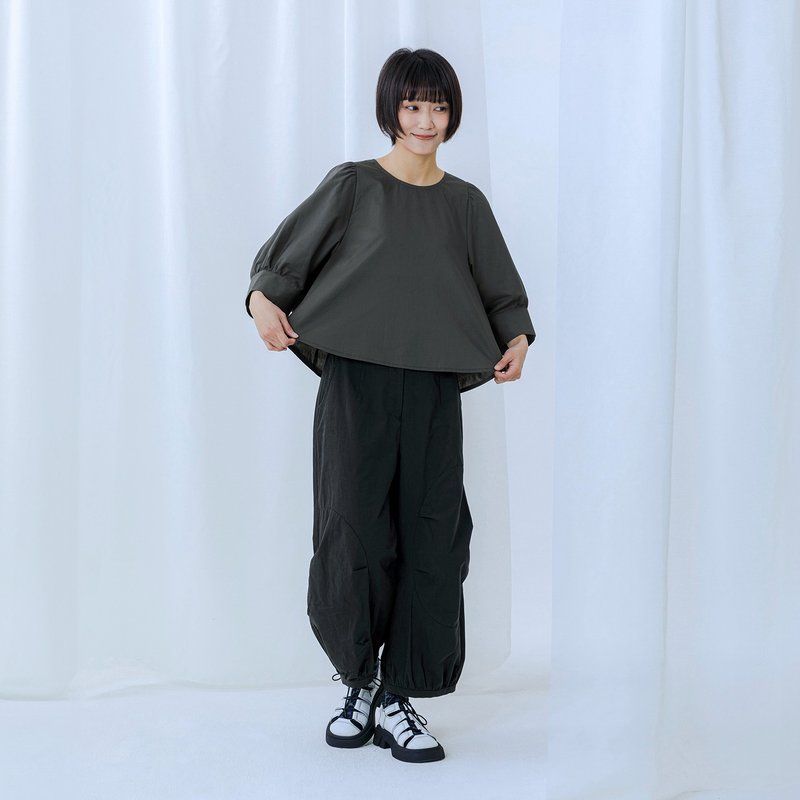 五分寬拋袖上衣 - 女上衣/長袖上衣 - 棉．麻 灰色