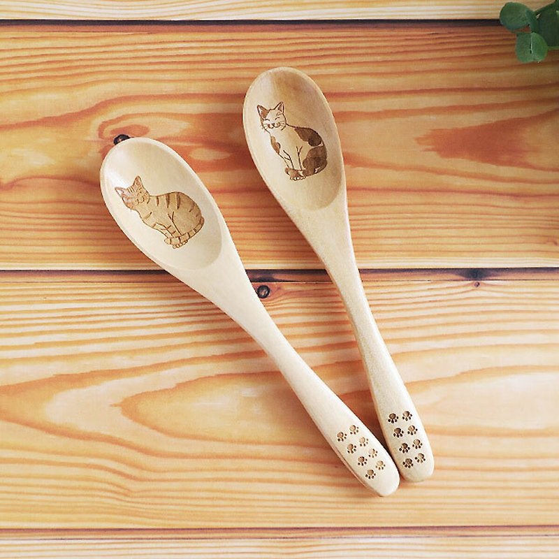Japanese cat calico cat and tabby cat spoon set - ช้อนส้อม - ไม้ สีนำ้ตาล