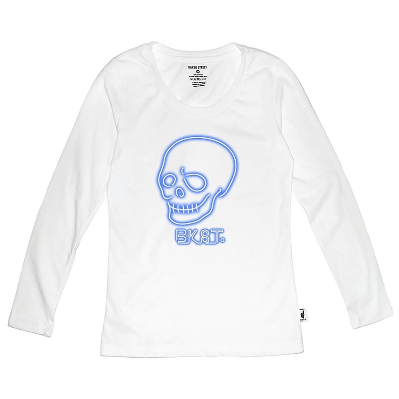 British Fashion Brand 【Baker Street】Neon Skull Long Sleeve - Women's T-Shirts - Cotton & Hemp White