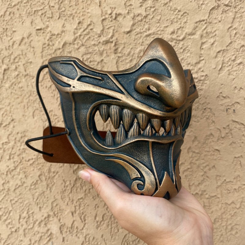 Samurai half mask: Copper, Japanese Warrior mask, Genzin Mempo Mask, Oni mask - 口罩/口罩收納套 - 樹脂 咖啡色
