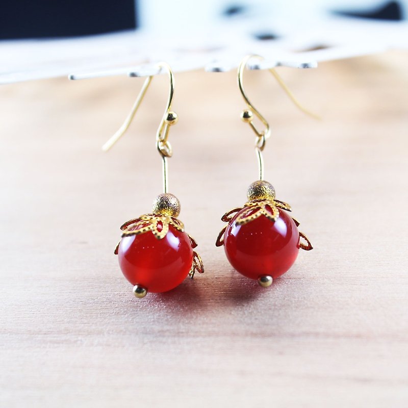 [Gold lake] knot earrings red gold section | clip-on earrings earrings can be changed for sterling silver needles | red agate | brass plated 18k gold | natural stone earrings, Chinese ancient wind ornaments E25 - ต่างหู - เครื่องเพชรพลอย สีแดง
