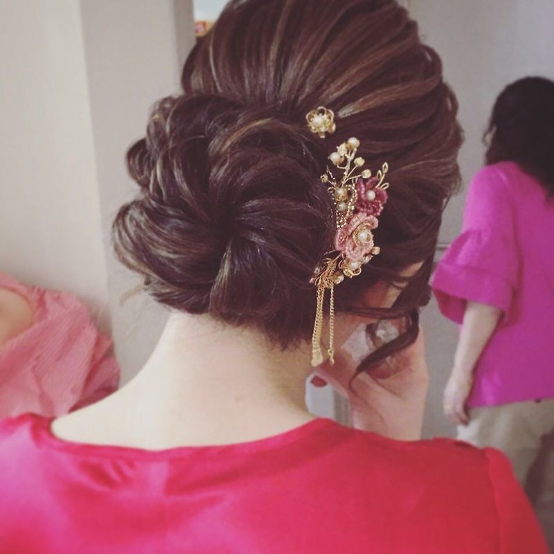 Beads Bridal Headpiece 華麗新娘中式頭飾-串珠花型款 (一套3件) - 髮夾/髮飾 - 玻璃 粉紅色