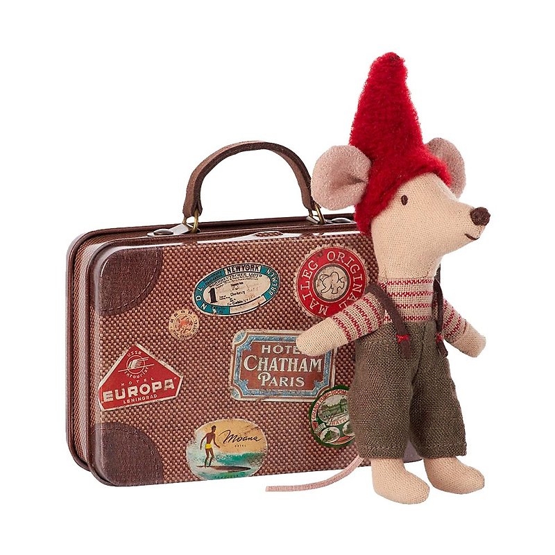 聖誕精靈小鼠 含迷你旅行行李箱 - 公仔模型 - 棉．麻 咖啡色