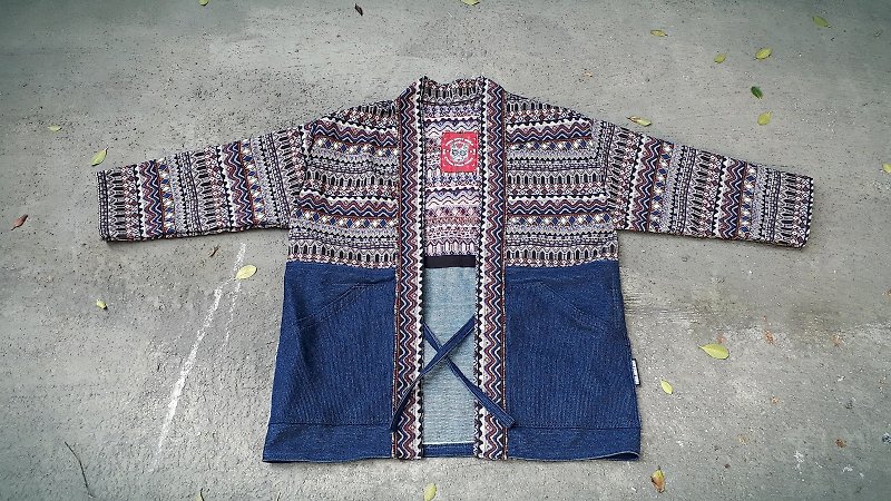 AMIN'S WORLD SHINY KIMONO民族手作りカスタムステッチ厚いデニムスモックコートジャケット - ジャケット - コットン・麻 多色