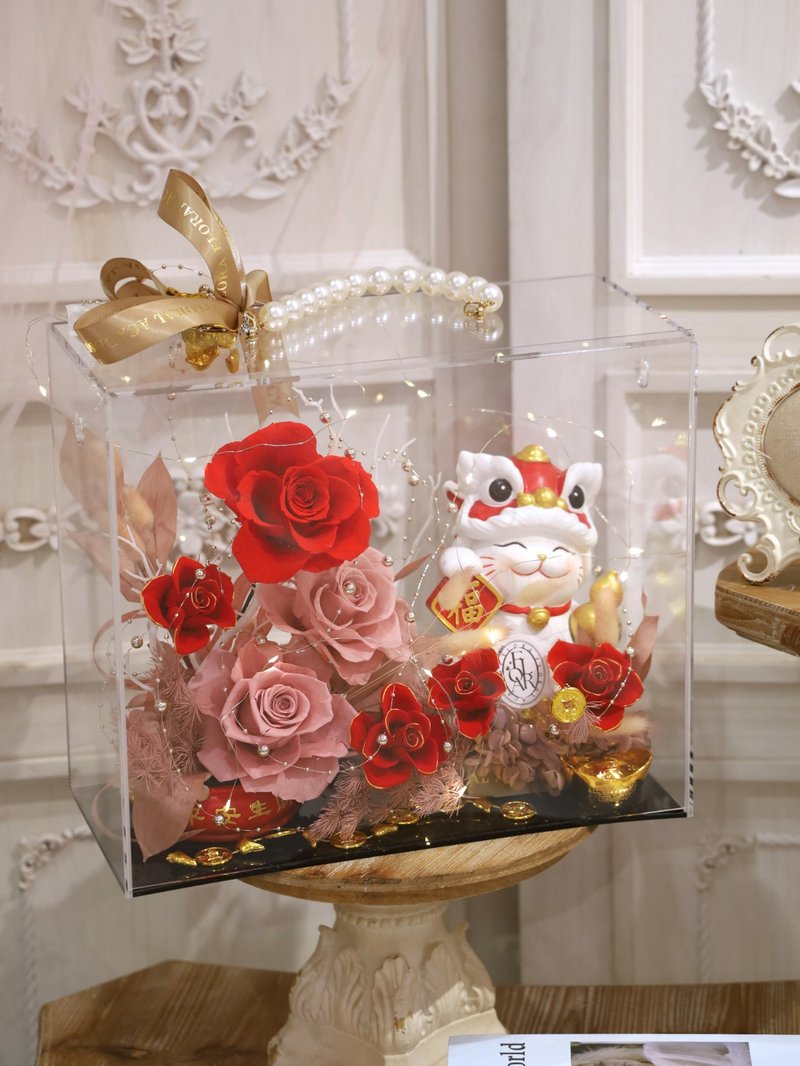 永生花招財壓克力盒 - 擺飾/家飾品 - 植物．花 紅色