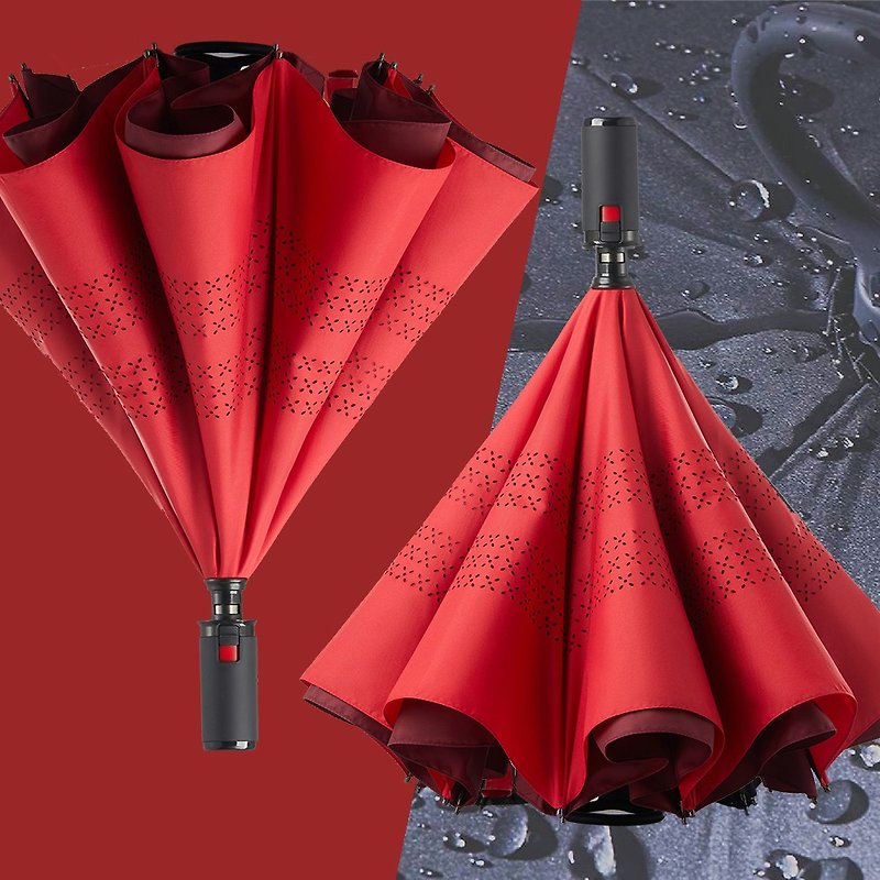 美而耐【反向傘-紅面紅底】一秒收傘 反向聚雨水 抗風防潑 傘面大 - 雨傘/雨衣 - 防水材質 紅色