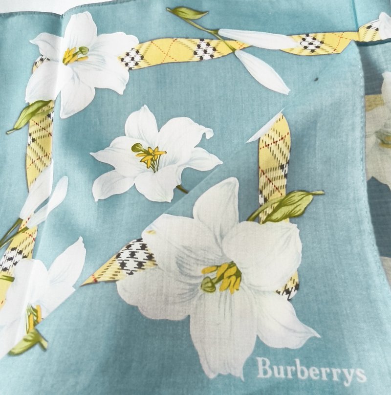 Burberry Vintage Handkerchief Lily Flowers Check Ribbon 19.5 x 19.5 inches - 手帕 - 棉．麻 透明