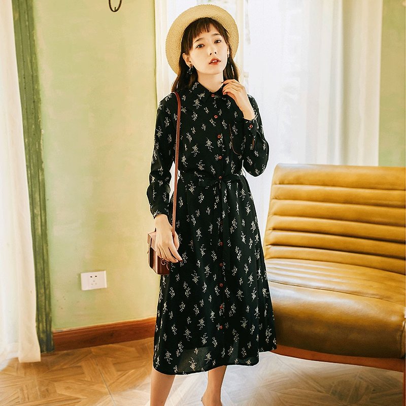 2018秋裝女士新品襯衫式印花連身裙洋裝 - 連身裙 - 聚酯纖維 黑色