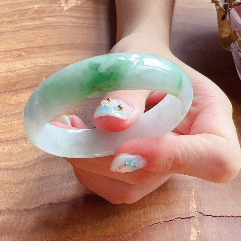 飄綠花翡翠手鐲 | 14圍 | 天然緬甸玉A貨翡翠 | 送禮 - 手鍊/手環 - 玉石 綠色
