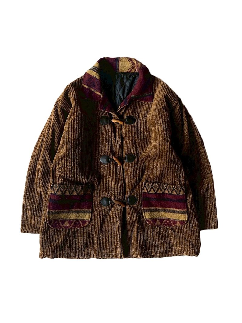 -- Master of Light's Curated Collection -- Corduroy Toggle Coat with Patchwork Pattern - เสื้อโค้ทผู้ชาย - วัสดุอื่นๆ สีนำ้ตาล