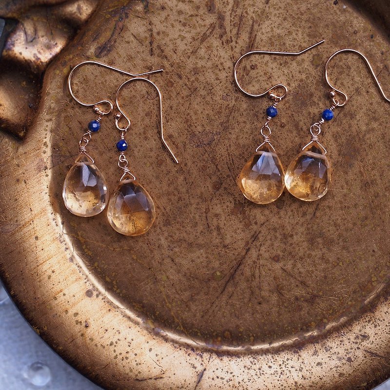 Natural Lapis Lazuri  Natural Citrine 14KGF earrings Birthstone of November - Earrings & Clip-ons - Semi-Precious Stones Yellow