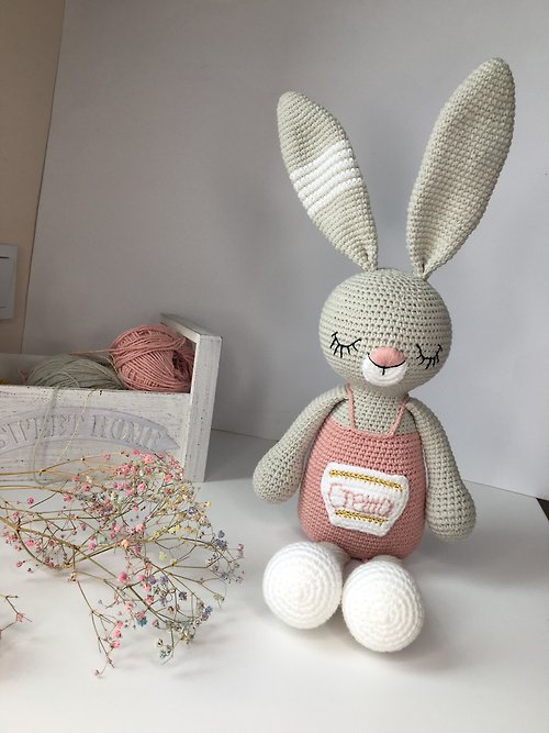 KnitInBy bunny toy, gray bunny plush, dusty rose toy, baby first toy, newborn gift