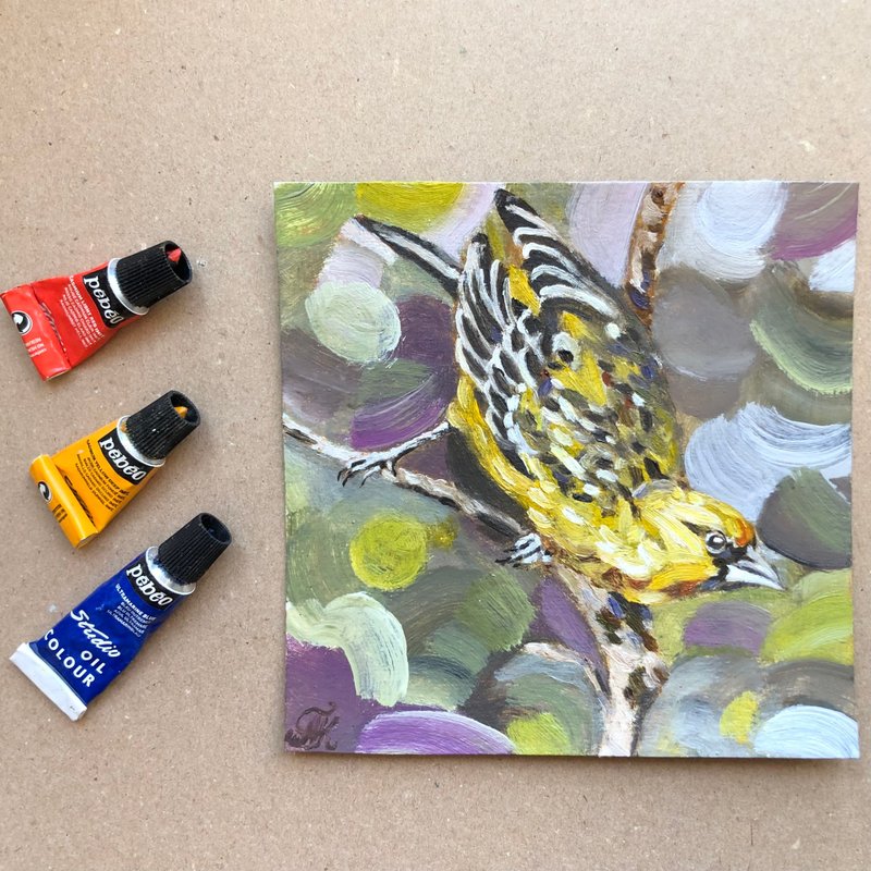 Yellow bird wall art living room painting 6x6 inches Original oil painting - 牆貼/牆身裝飾 - 紙 黃色