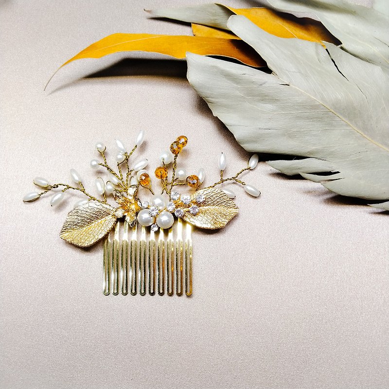 Wearing a happy rice ear series - bridal hair comb. French comb. Self-service wedding 051-4 - เครื่องประดับผม - โลหะ สีทอง