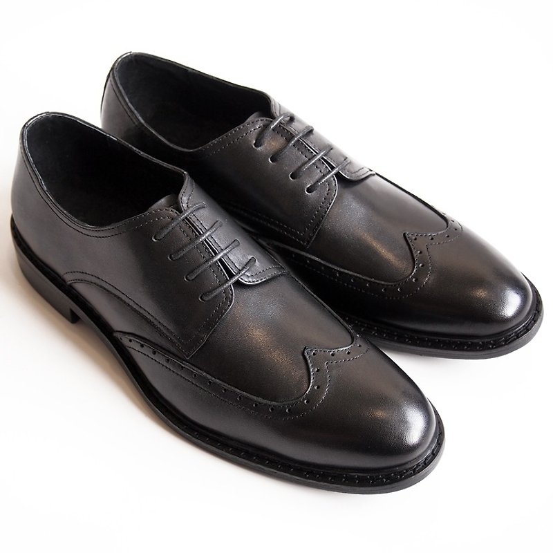 LMdH Hand-painted Calfskin Leather Wood Heel Wing Pattern Carved Derby Shoes Men's Shoes-Black - รองเท้าอ็อกฟอร์ดผู้ชาย - หนังแท้ สีดำ