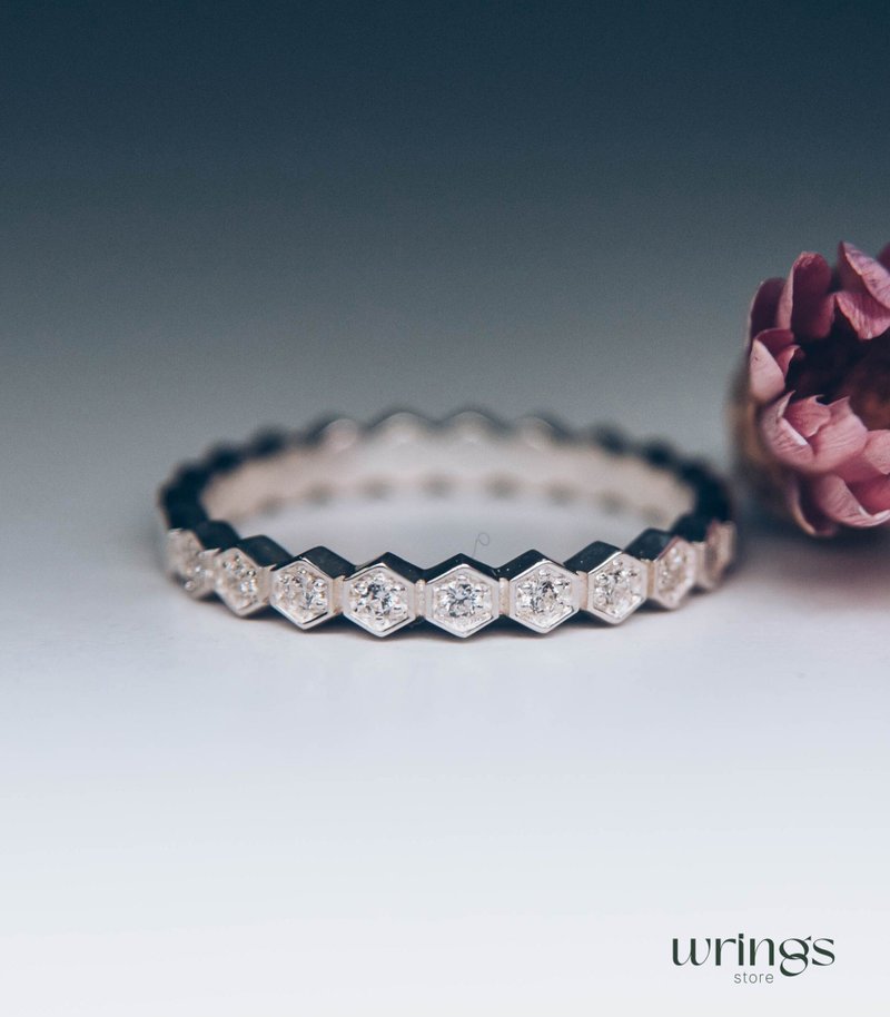 Modern Honeycomb Half Eternity Wedding Band with Custom Natural Diamonds - แหวนทั่วไป - เงินแท้ ขาว