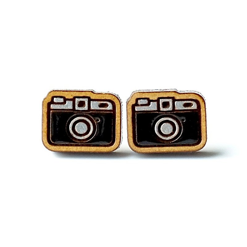 Painted wood earrings-Camera - ต่างหู - ไม้ สีดำ