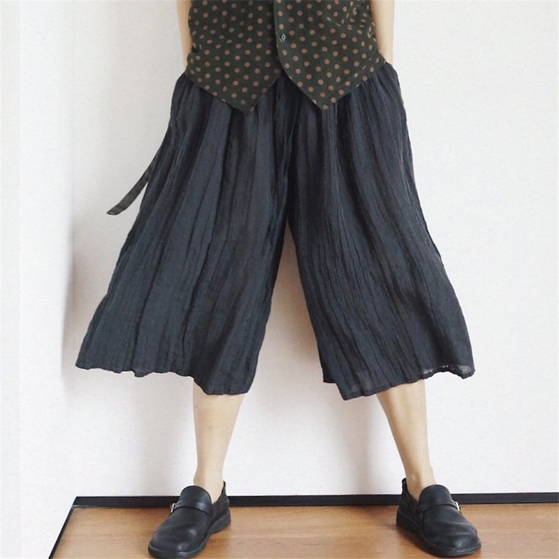 Black gray slightly wrinkled wavy linen wide pants large wide all-match comfortable loose wide-leg culottes - กางเกงขายาว - ผ้าฝ้าย/ผ้าลินิน สีดำ