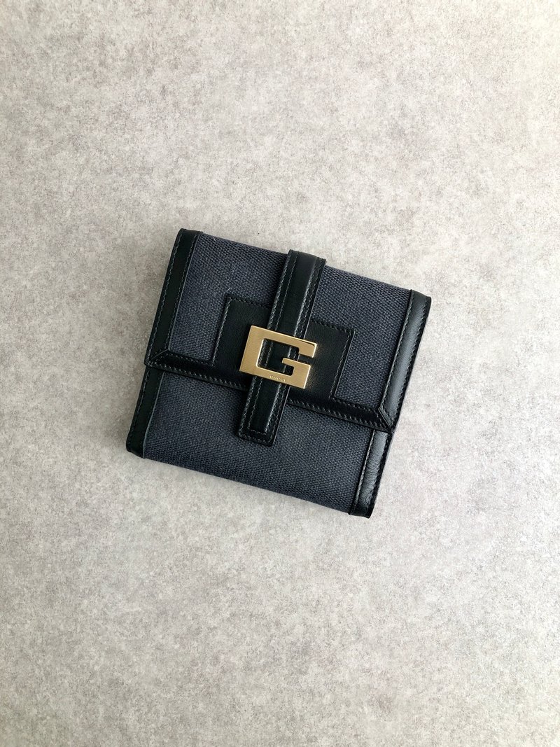 【 日本直送　名牌中古包 】GUCCI グッチ 財布 ブラック G キャンバス レザー 二つ折り財布 vintage ヴィンテージ オールド 254tg8 - 錢包/皮夾/長短夾 - 棉．麻 黑色