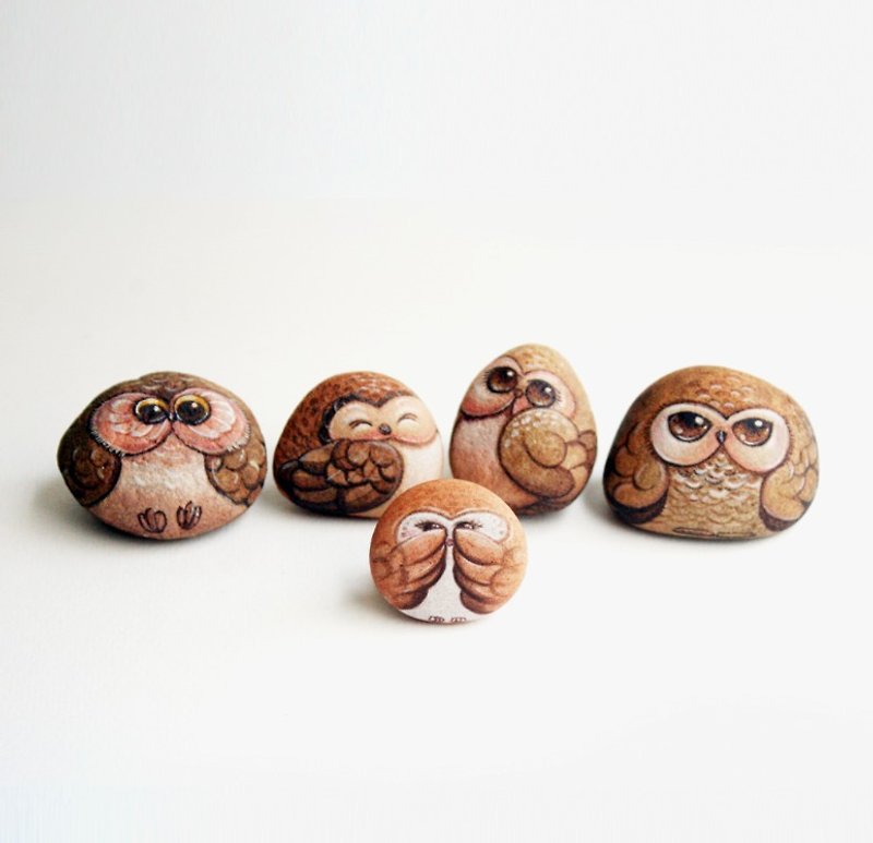 Owl family. (Stone painting) - Other - Stone Brown